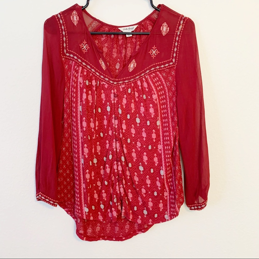 Lucky Brand Embroidered Chiffon Sleeve Peasant Top